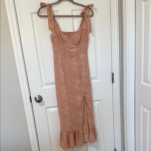 Peach Wedding Guest Tie Strap Floral Print Midi Dress